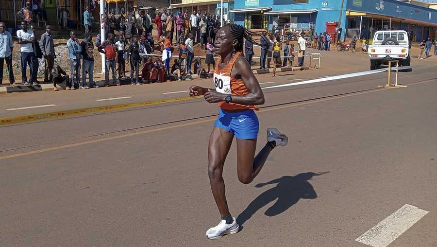 Rebecca Cheptegei, competes at the Discovery 10km road race in Kapchorwa, Uganda Friday, Jan. 20, 2023.