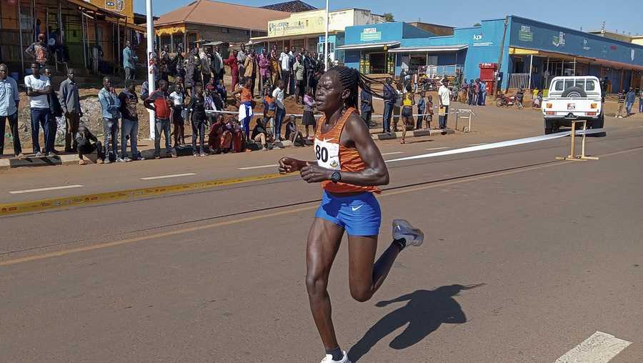 Rebecca Cheptegei, competes at the Discovery 10km road race in Kapchorwa, Uganda Friday, Jan. 20, 2023.