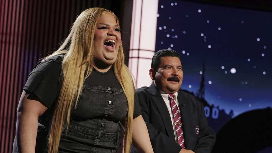 FILE - This image released by Disney shows TikTok creator Jools Lebron, left, with talk show personality Guillermo Rodriguez on the set of &quot;Jimmy Kimmel Live!,&quot; Aug. 19, 2024, in Los Angeles. (Randy Holmes/ABC-Disney via AP, File)