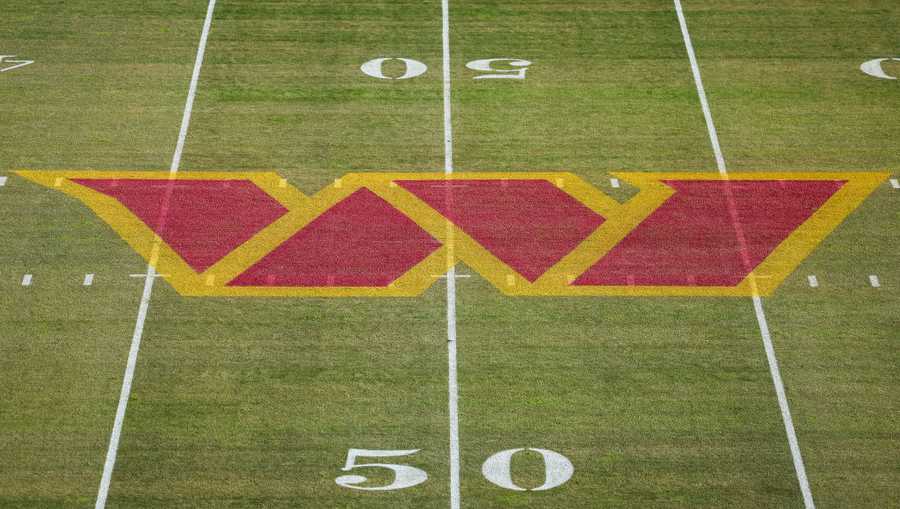 LANDOVER, MD - JANUARY 01: A general view of the Washington Commanders logo on the field before the game between the Washington Commanders and the Cleveland Browns at FedExField on January 1, 2023 in Landover, Maryland. (Photo by Scott Taetsch/Getty Images)