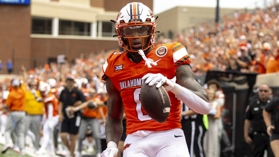 oklahoma state running back ollie gordon ii (0) celebrates in the end zone after scoring a touchdown in the first half of an ncaa college football game against south dakota state, saturday, aug. 31, 2024, in stillwater, okla. (ap photo/mitch alcala)